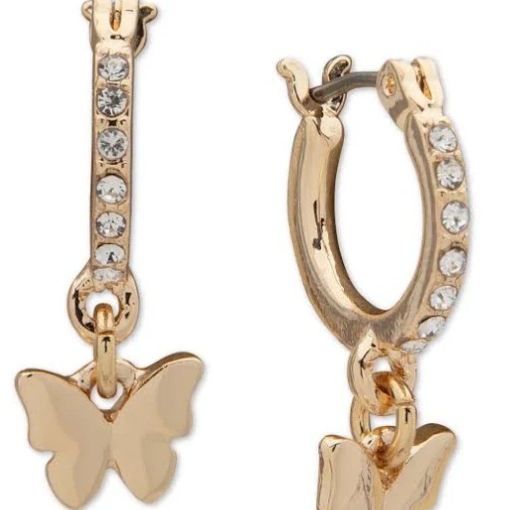 Gold-Tone Butterfly Charm Pavé Huggie Hoop Earrings